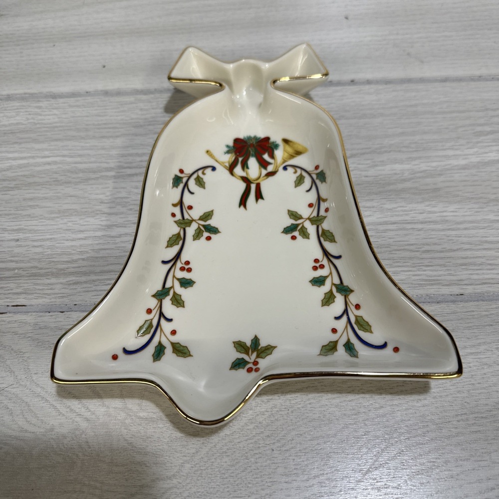 MIKASA Bell Fine Porcelain Christmas Candy Trinket Dish‎ Goldtone Trim 8.75x6.5"